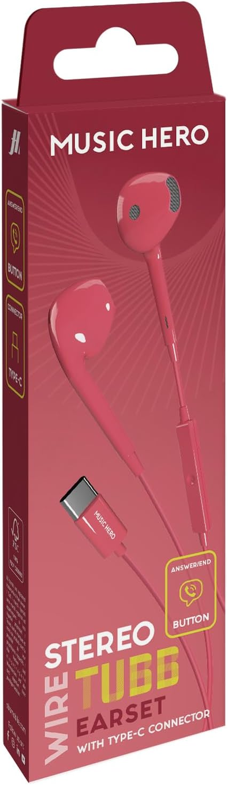 Music Hero USB-C Earbuds, USB-C Headphones, Built-In Controls, Microphone, Semi In-Ear, Pink image number 1