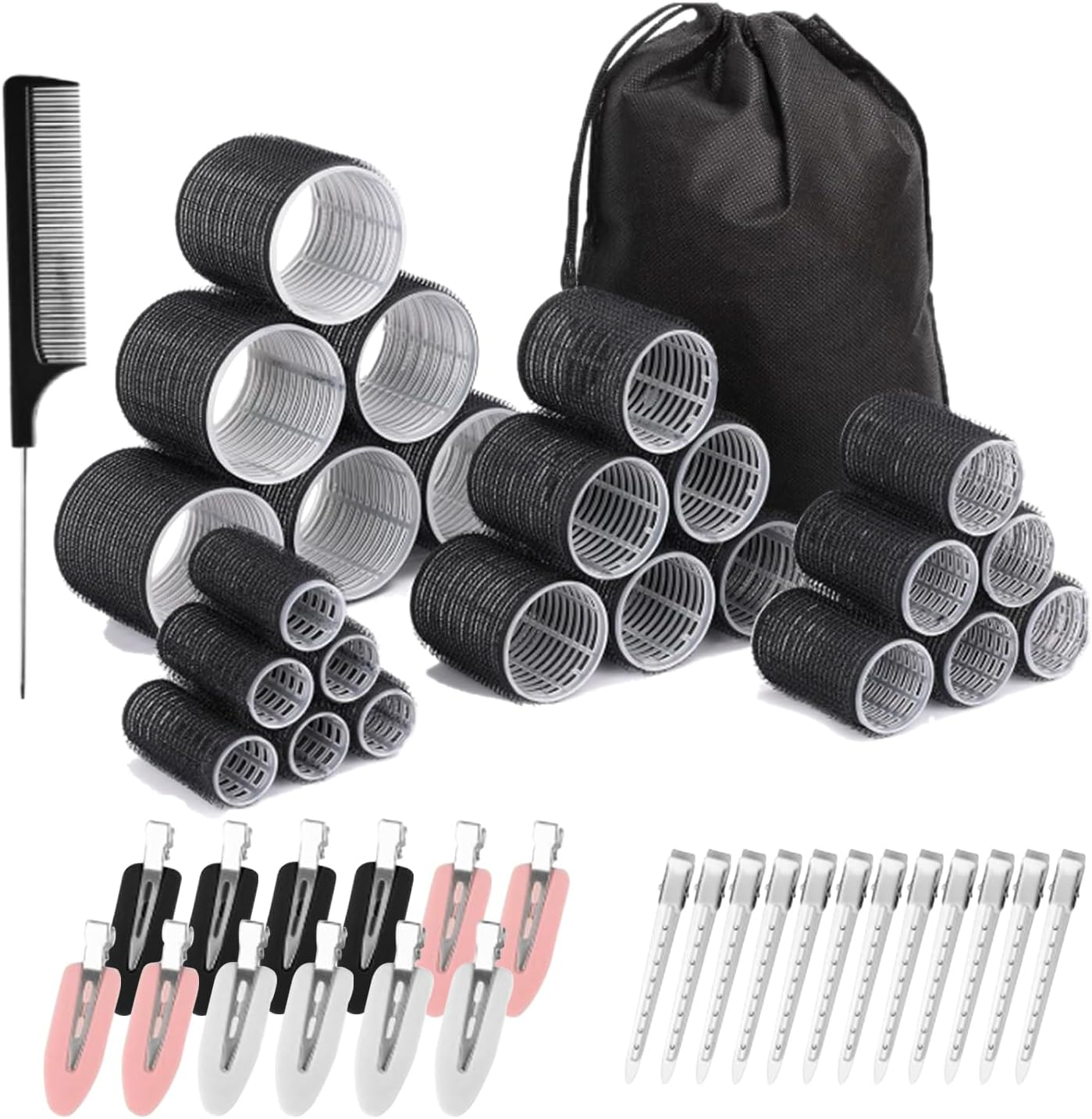 Jotia 50Pcs Hair Rollers Set, Including 24Pcs 25Mm/36Mm/48Mm/60Mm Self Grip Curler Roller, Clips, Comb and Storage Bag, Hair Heatless Roller Hair Curlers Set for All Hair Types (Rose Red)