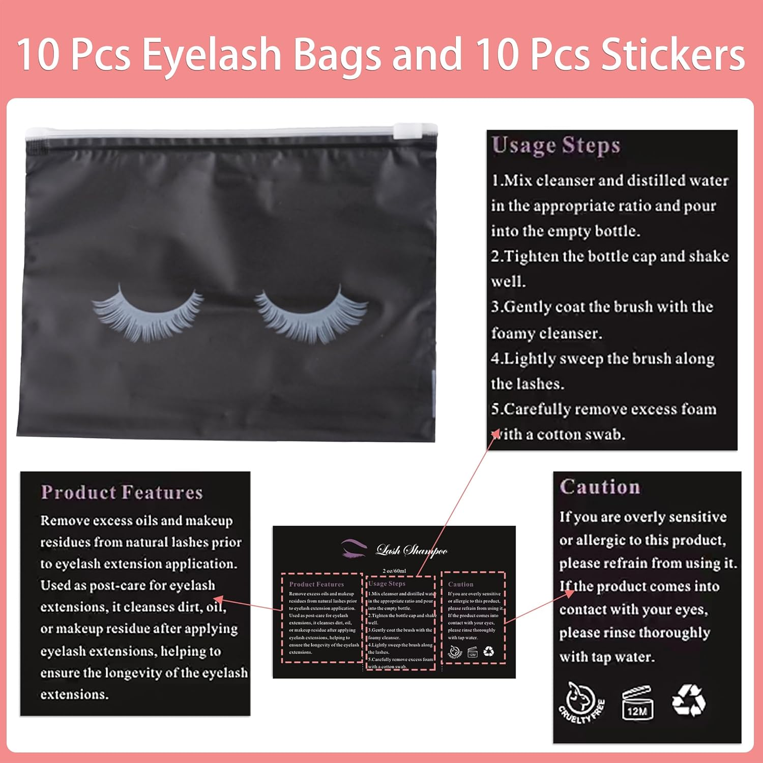50 Pcs Lash Extension Cleaning Kit for Clients Eyelash Lash Aftercare Kit,10 Pcs Lash Brushes for Cleansing,10 Pcs Eyelash Cleaning Brush with Tubes,10 Pcs Lash Bottles Foam Pump,10 Pcs Eyelash Aftercare Bags,10 Pcs Lash Shampoo Label Stickers for Bottle (Black) image number 3