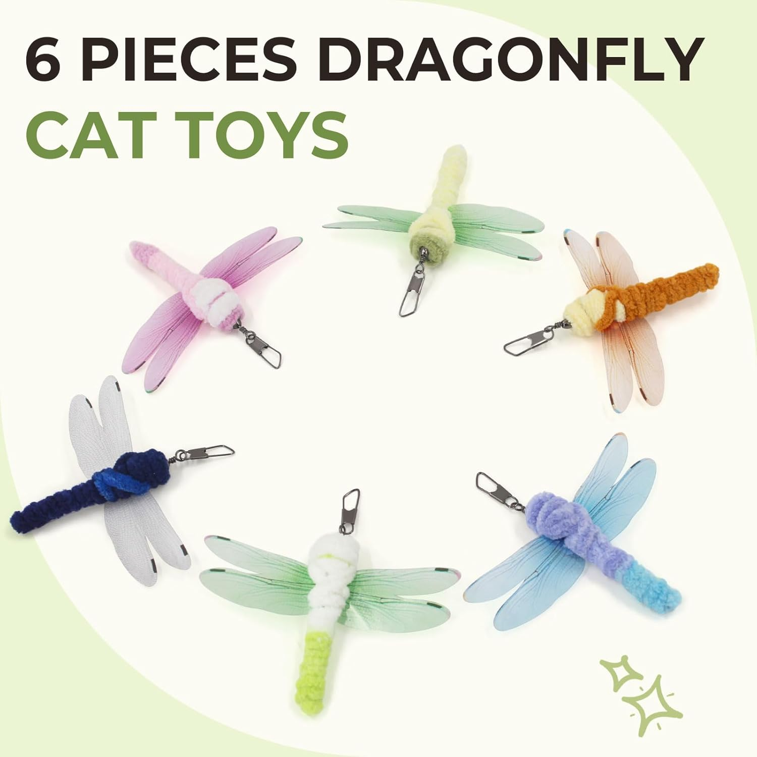 SONGWAY Interactive Cat Feather Toy Set- 6 Pcs Dragonfly Retractable Teaser Wand with Feather Refills with Bell， Cat Feather Toys for Indoor Cats - Shiny-Winged Insects image number 2