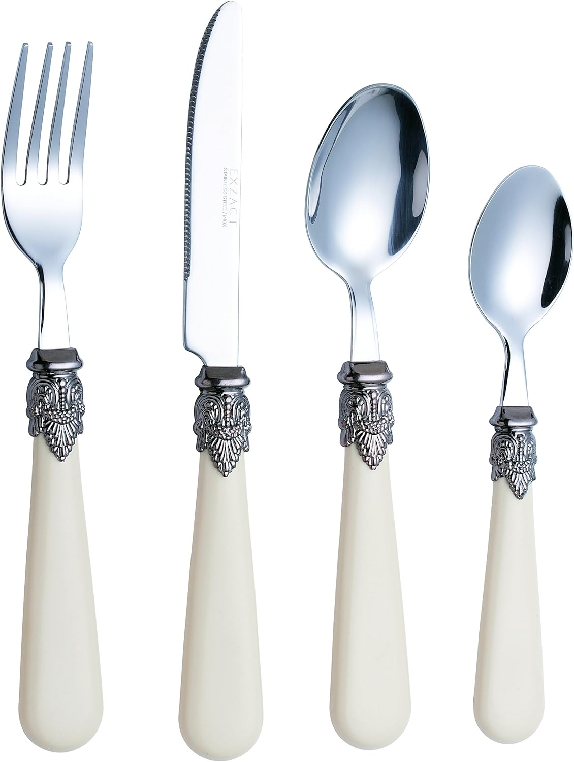 Exzact Vintage Cutlery Set 24Pcs Antique Cream Handles/Flatware Stainless Steel with Ivory Coloured Detailed Handles, Traditional Elegant Vintage/Antique Style
