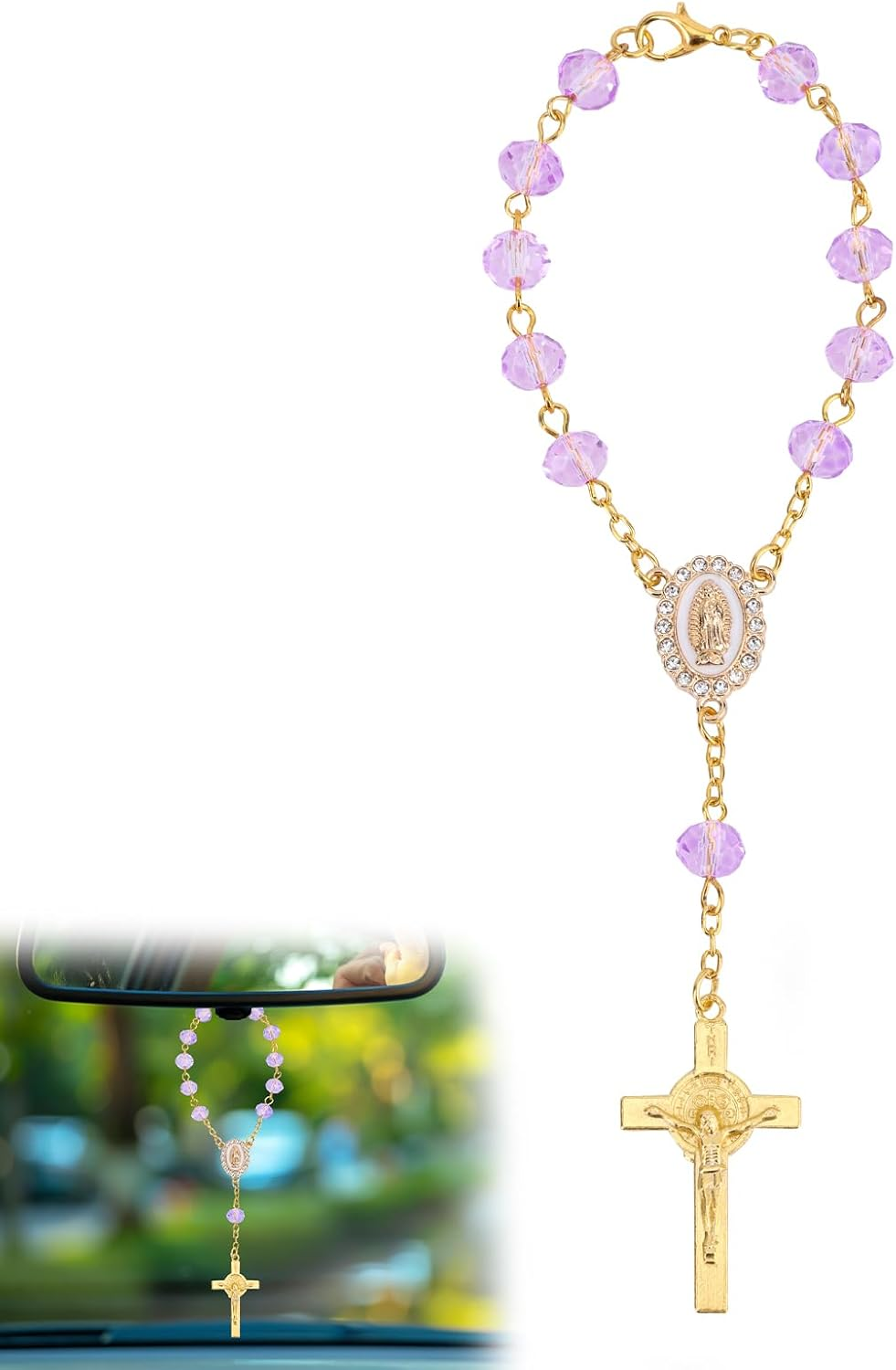 Rosary for Car Mirror Hanging, Stylish Car Rear View Mirror Accessories Catholic Rosary Hanging Ornament for Wedding Favors Baptism First Communion (Gray)