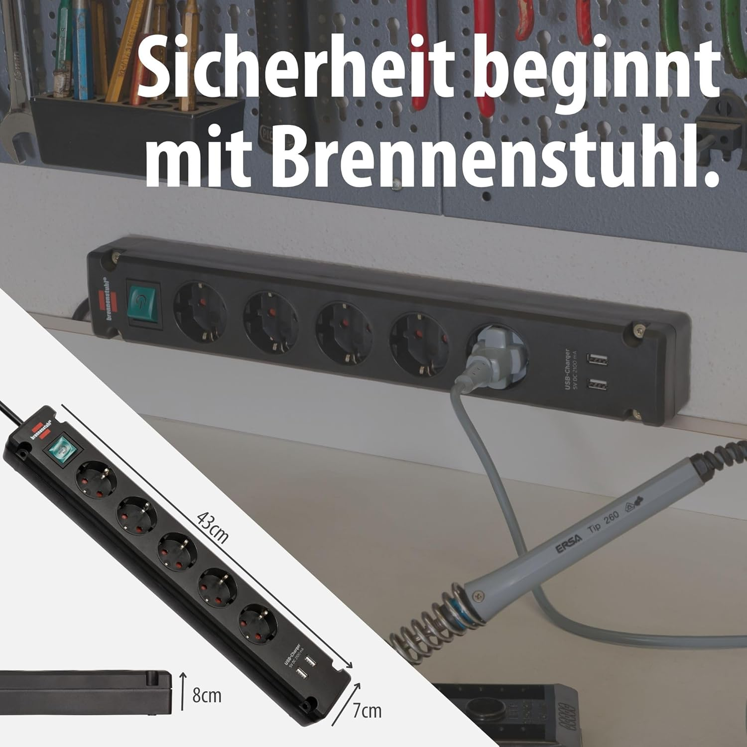 Brennenstuhl Bremounta 5-Way Power Strip with USB Charging Function (Multiple Socket with 90 Degree Sockets, Power Strip with Switch, Mounting Option and 3 M Cable) Black image number 3
