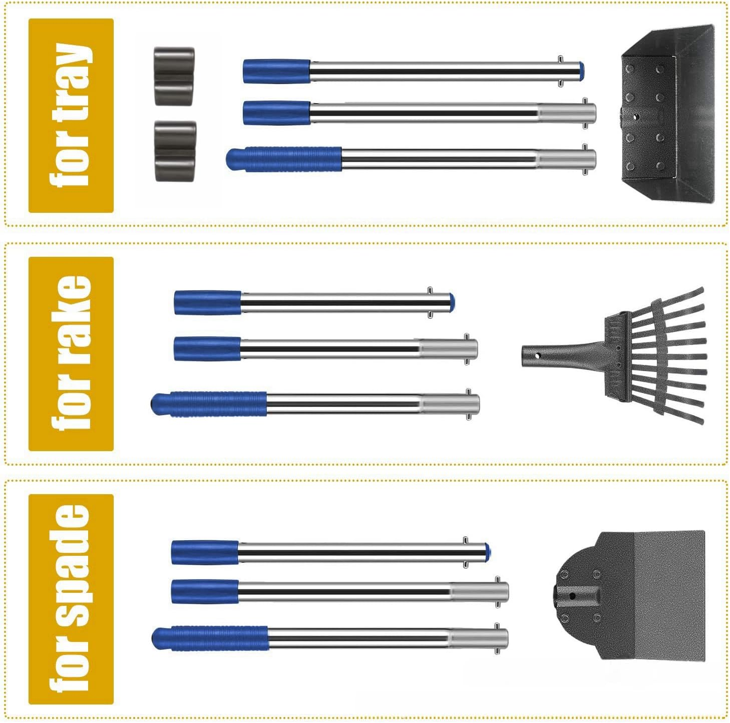 Dog Poop Scooper Set, Pet Poop Pick up Scooper, 3 Pcs Adjustable Long Handle with Metal Tray, Rake and Spade for Pet Waste Removal, No Bending Clean up Dirt, Gravel, Lawns, Grass image number 3