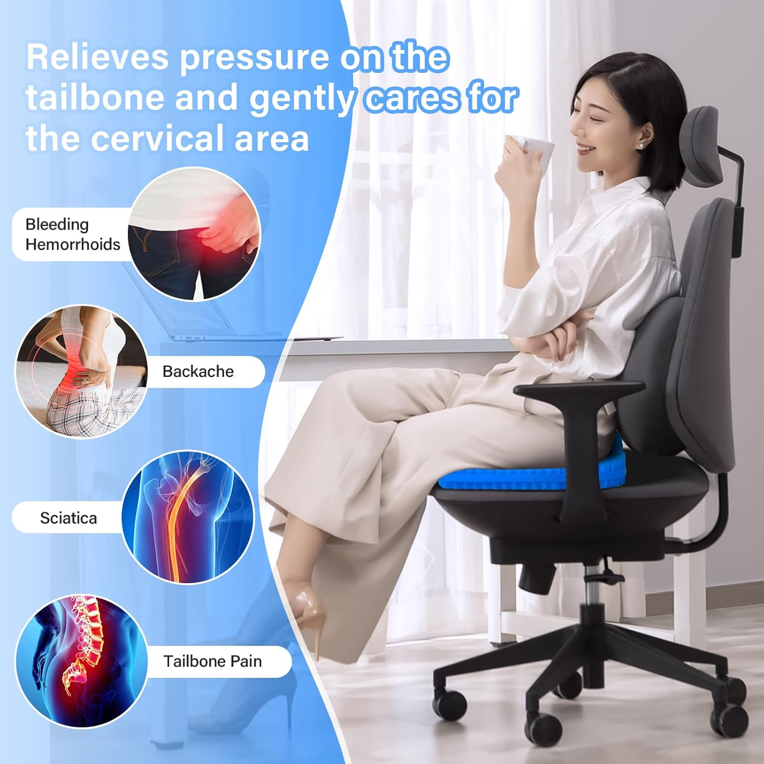 Bilbear Thicker Gel Seat Cushion,Large Gel Cushion for Office Chair,Breathable Chair Seat Pad,Pressure Relief Pad for Wheelchair&zwnj;,Car,Home & Kayaks (Blue) - Blue image number 2