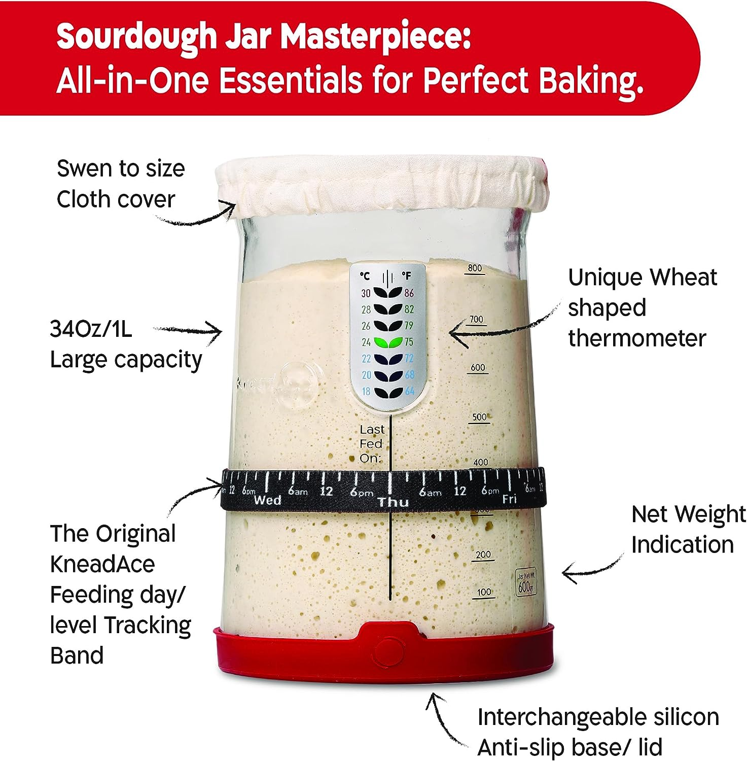 KNEADACE Pro Sourdough Bread Starter Kit - 34 Oz Large Capacity Jar with 5 Unique Features for the Perfect Sour Dough Bread & Sourdough Starter Kit Baking Supplies, (KA06) image number 4