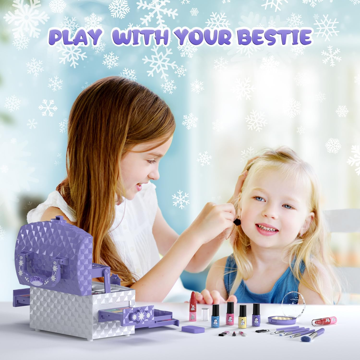 PERRYHOME Kids Makeup Set for Girl 56 Pcs Washable Real Cosmetic, Safe & Non-Toxic Frozen Toys Toddler Makeup Kit, Frozen Princess Dress up Game Christmas & Birthday Girl 3-12 - Purple image number 6