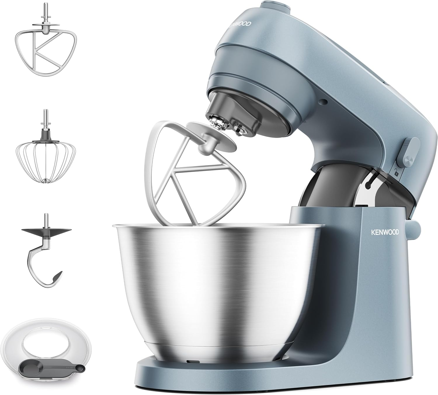 Kenwood Go KZM35.000GY, Stand Mixer with Space-Saving Design, Compact Kitchen Machine with 4L Bowl, 3 Adjustable Tools, Splashguard, 6 Speed, Elegant Metal Body with Carrying Handle, 800W, Storm Blue