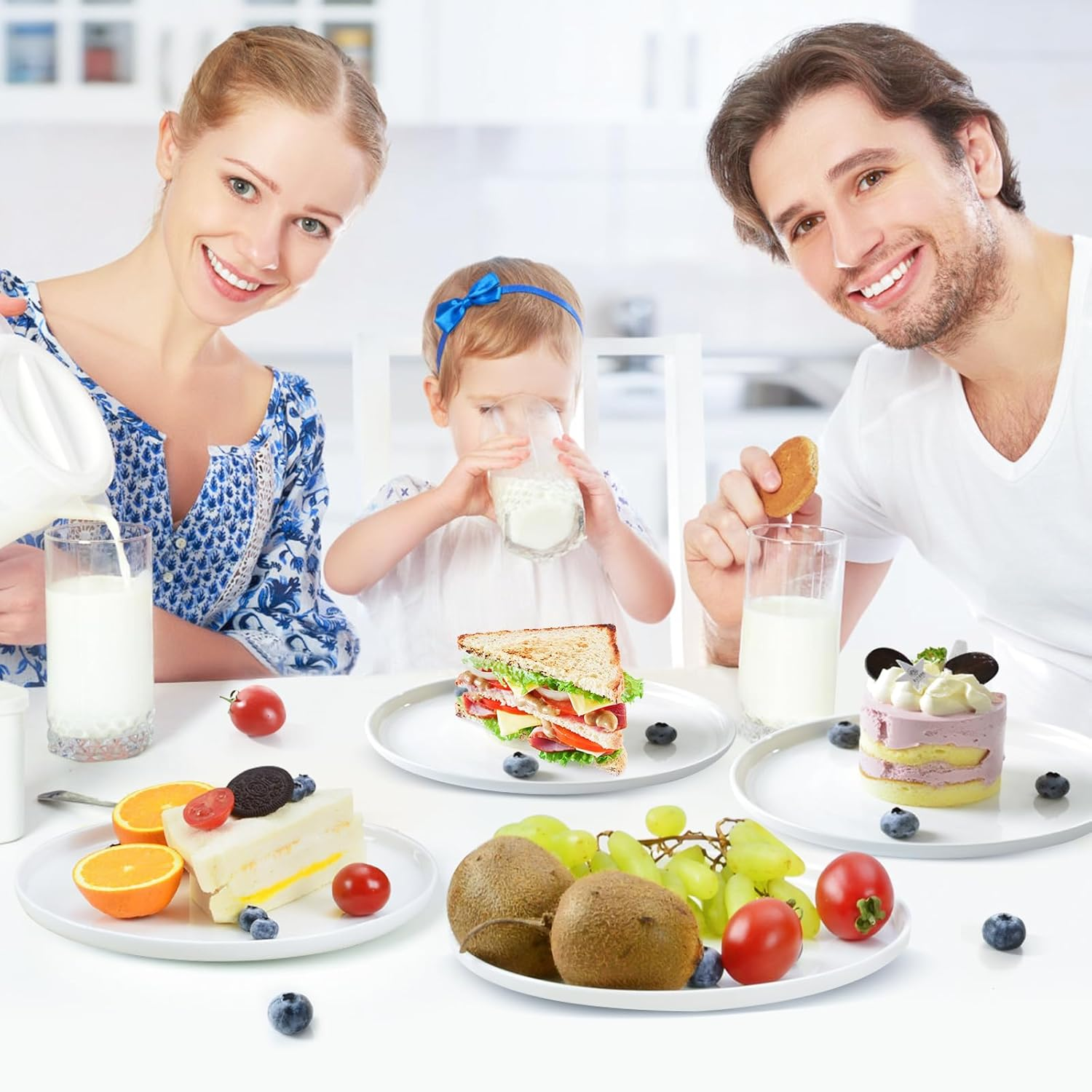 Antokueh White Ceramic Plates Set of 6, 8 Inch round Porcelain Salad Plate, 6-Piece Dishes with Shallow Edge for Appetizer, Steak, Dishwasher/Microwave Safe image number 3