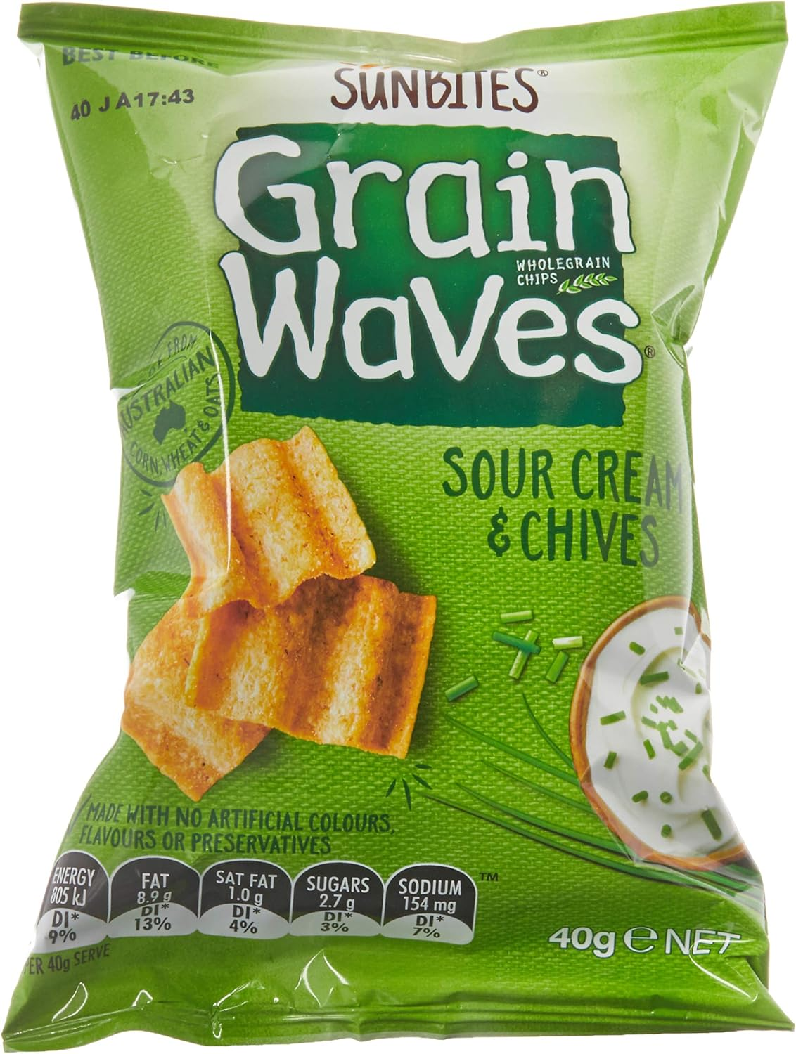 Sunbites Grain Waves Sour Cream and Chives Crackers, 18 X 40 Grams image number 3