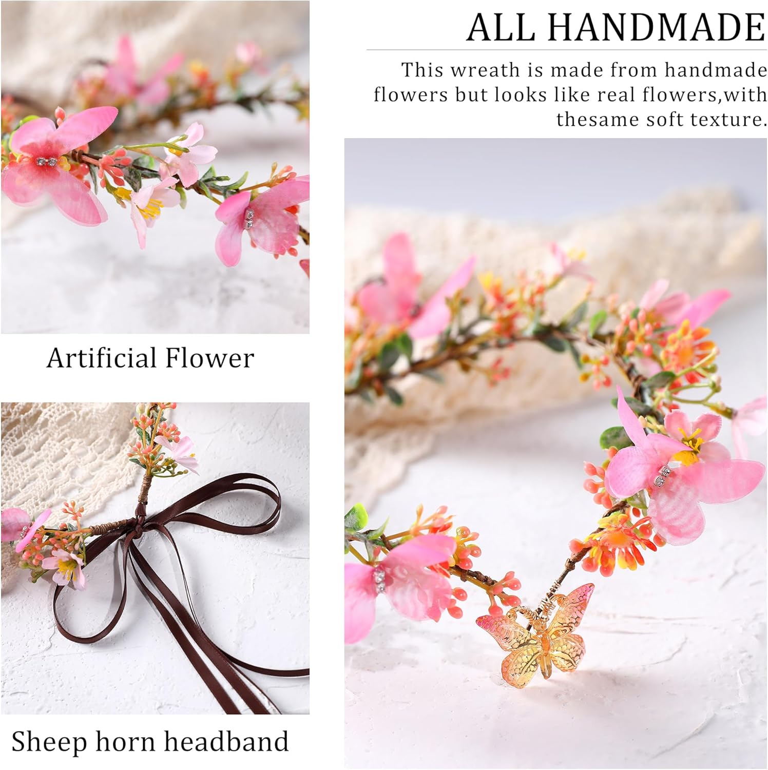 MOSTORY Butterfly Fairy Crown for Women Pink Elf Crown for Wedding Spring Photo Shoot
