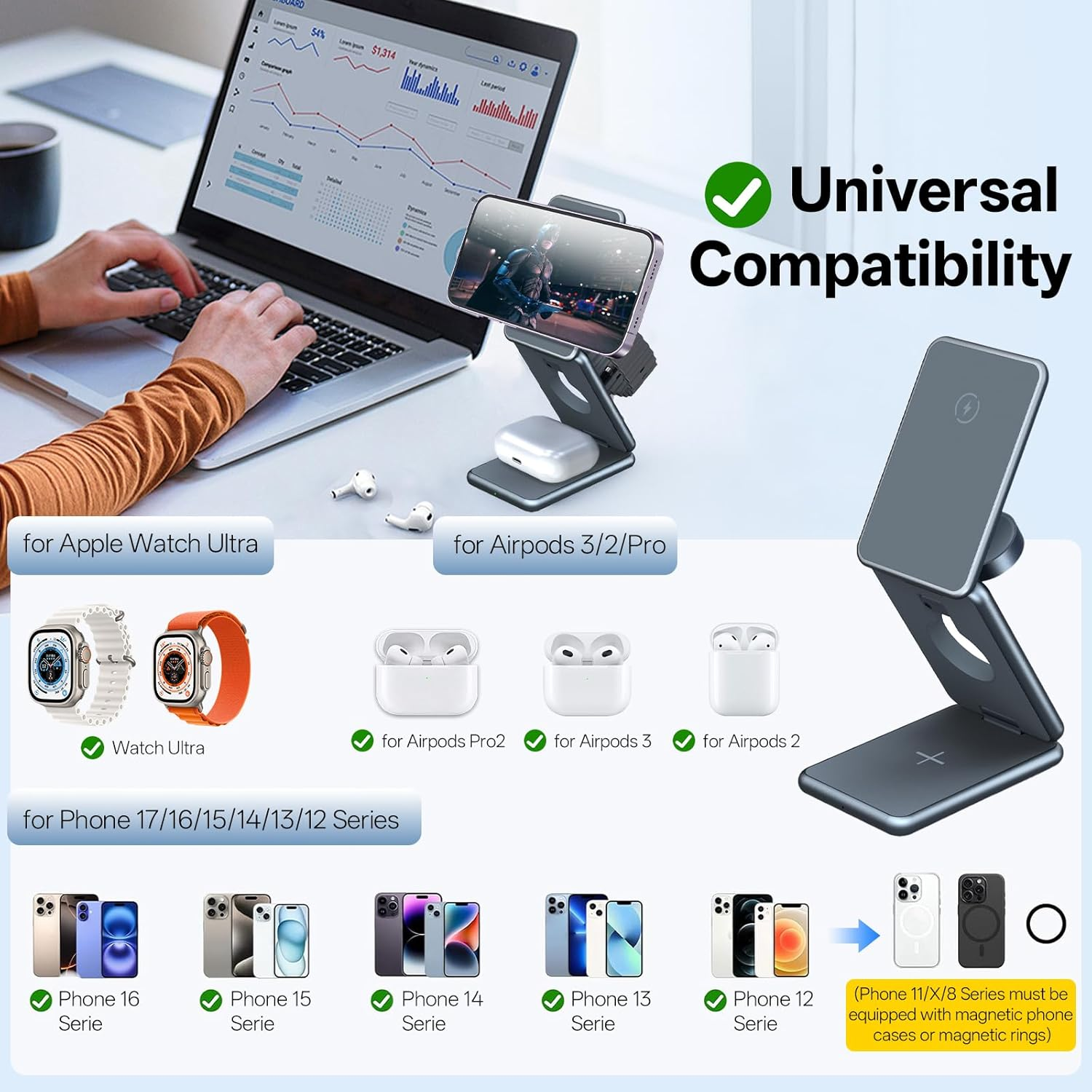 Foldable 3-In-1 Inductive Charging Station, Mobile Phone Charging Station for Phone and Apple Watch, Inductive Wireless Charging Station, 15 W Wireless Charger for Phone 8-14, for Apple Watch S1-S8/SE