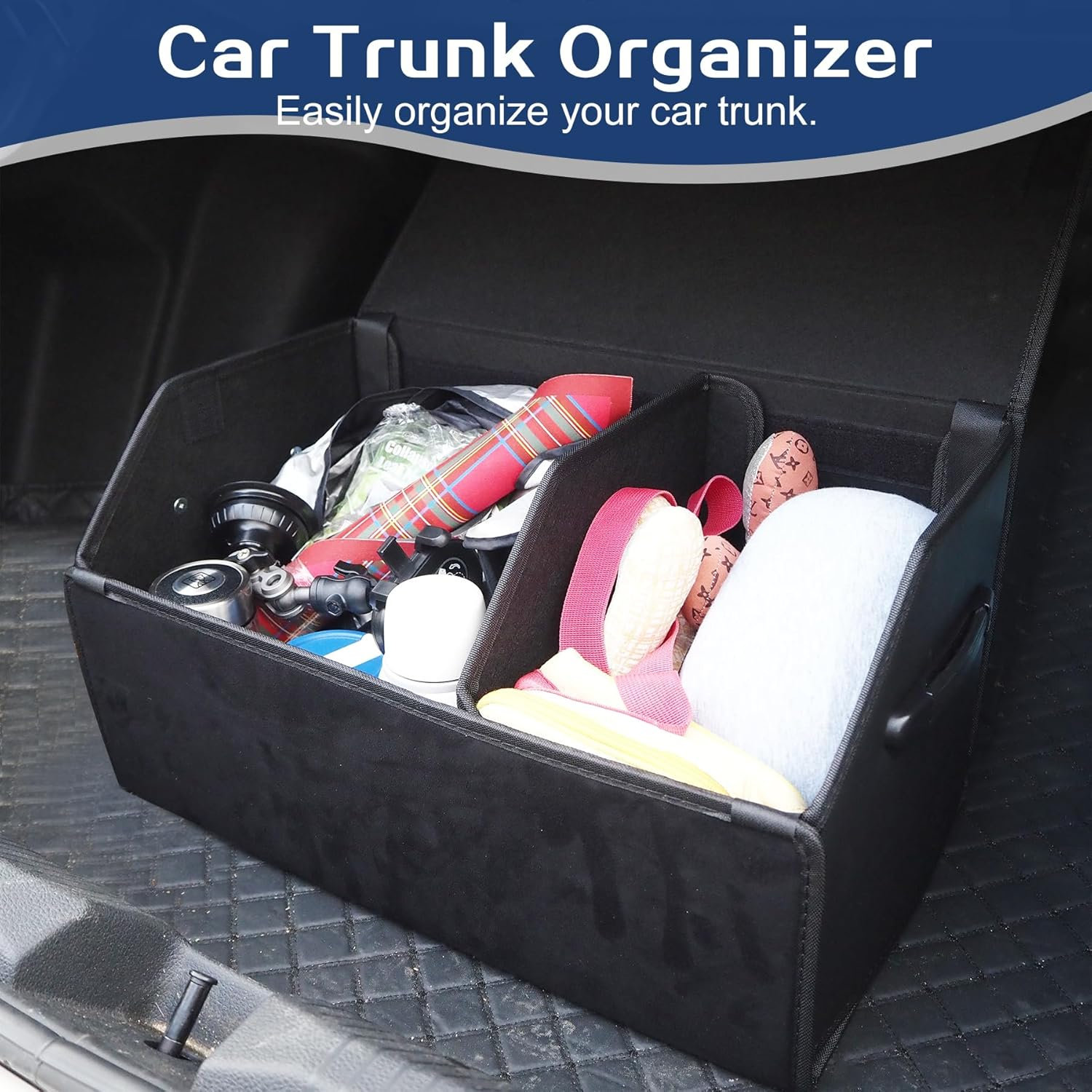 Trunk Organizer for SUV Sedan, Car Boot Organizers, Suede Nappa Leather Storage Box, Collapsible Adjustable Multi Compartment Magnetic Lid, Car Storage Boot Tidy Organizer Accessories (Black)