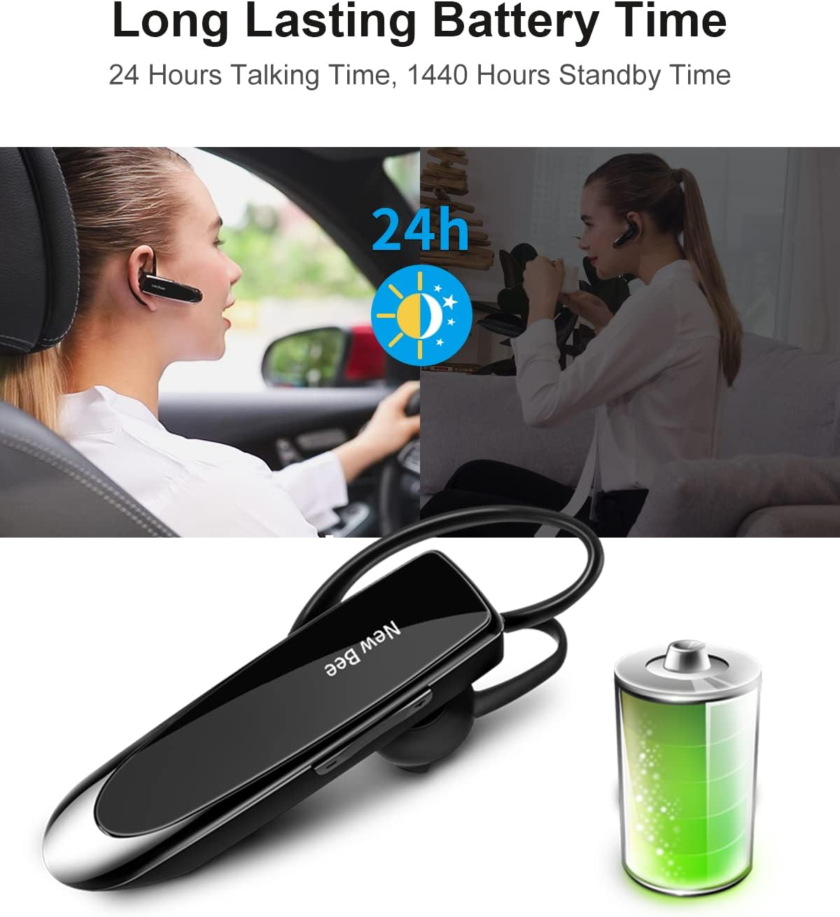 New Bee [2 Pack] Bluetooth Earpiece Wireless Handsfree Headset V5.0 24 Hrs Driving Headset with Mic 60 Days Standby Time Headset Case for Iphone Android Samsung Laptop Truck Driver - Silver image number 6