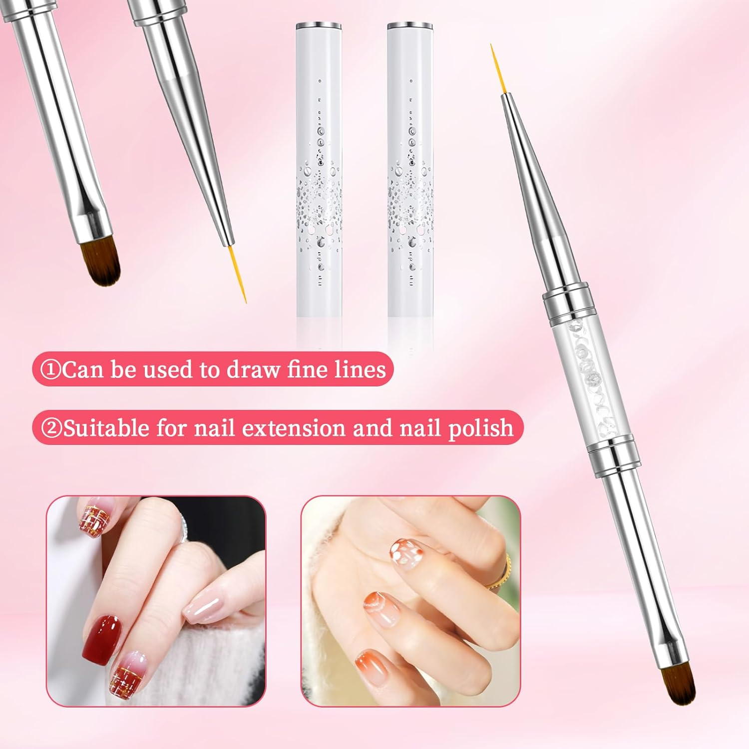 LXUEJIE 3 Pcs Double Ended French Tip Brush Hard Gel, Nail Builder Gel Brush, Liner for Design Nail Liner Brushes Rhinestone Handle French Tip Drawing Brushes for Design image number 5