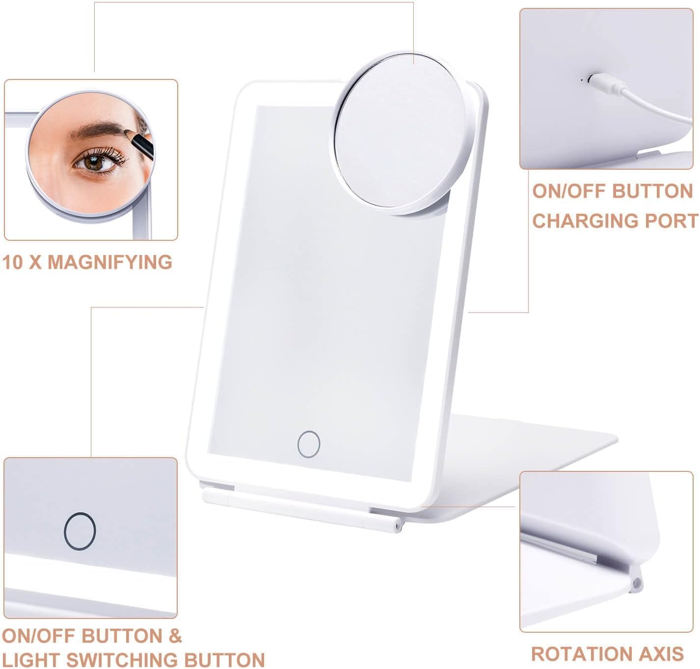 Travel Makeup Mirror with 3 Color Light and 10X Magnifying Mirror, Dimmable Touch Screen, Rechargeable Lighted Makeup Mirror with Cover and a Storage Bag, Portable Foldable (White) image number 2