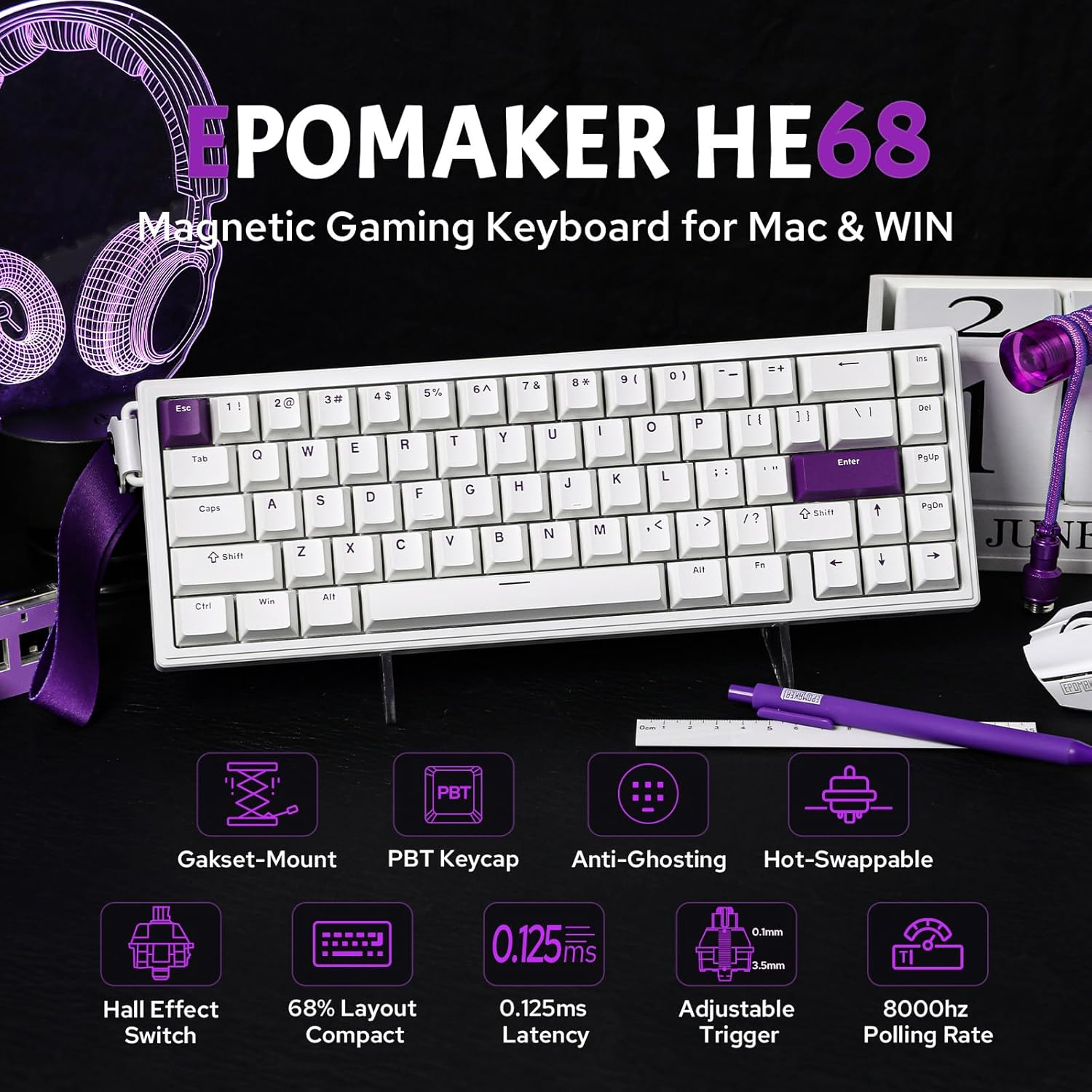 EPOMAKER HE68 Wired Magnetic Gaming Keyboard, 8K Polling Rate, 0.125Ms Latency, RGB Backlight, Gasket-Mount, USB-A to C, Portable for Mac/Pc/Ps/Switch (White) - White image number 4