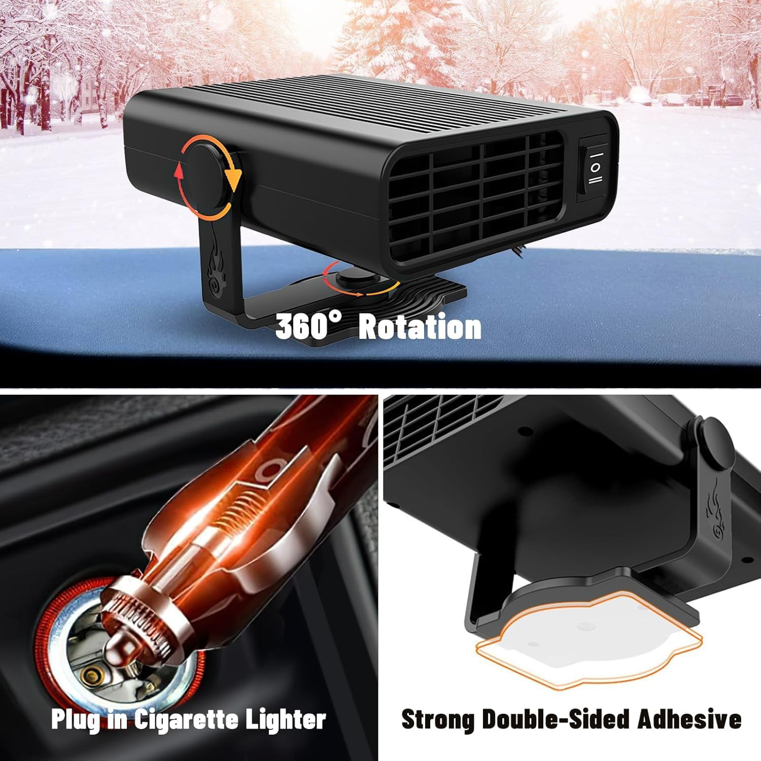 Car Heater, 2-In-1 Car Fan Heater 12 V 200 W Car Heater Defroster 360&deg; Rotatable Defroster Car Heater Quick Heating Defroster for Car Windscreen Fast Heating (Black) image number 2