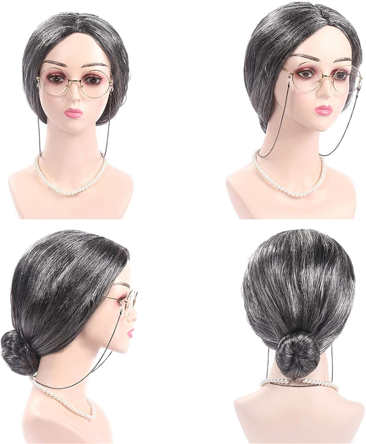 8 Pcs/Set Grandma Old Lady Dress up Set, Granny Costume Wig Adult Kid Halloween Masquerade Cosplay Party Witch Decoration Event (Dark Gray Bun) image number 3