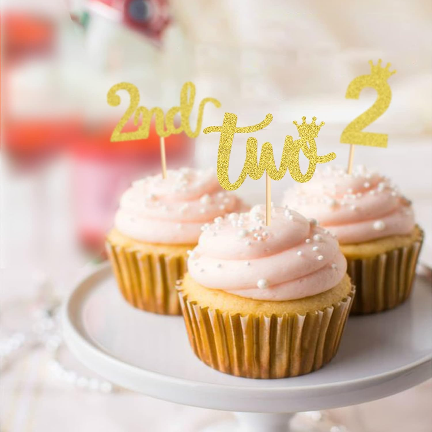 24PCS 2Nd Crown Birthday Cupcake Toppers Two Birthday Two Cupcake Picks Baby Shower Theme Prince Crown Party Cake Decorations Supplies Gold image number 1