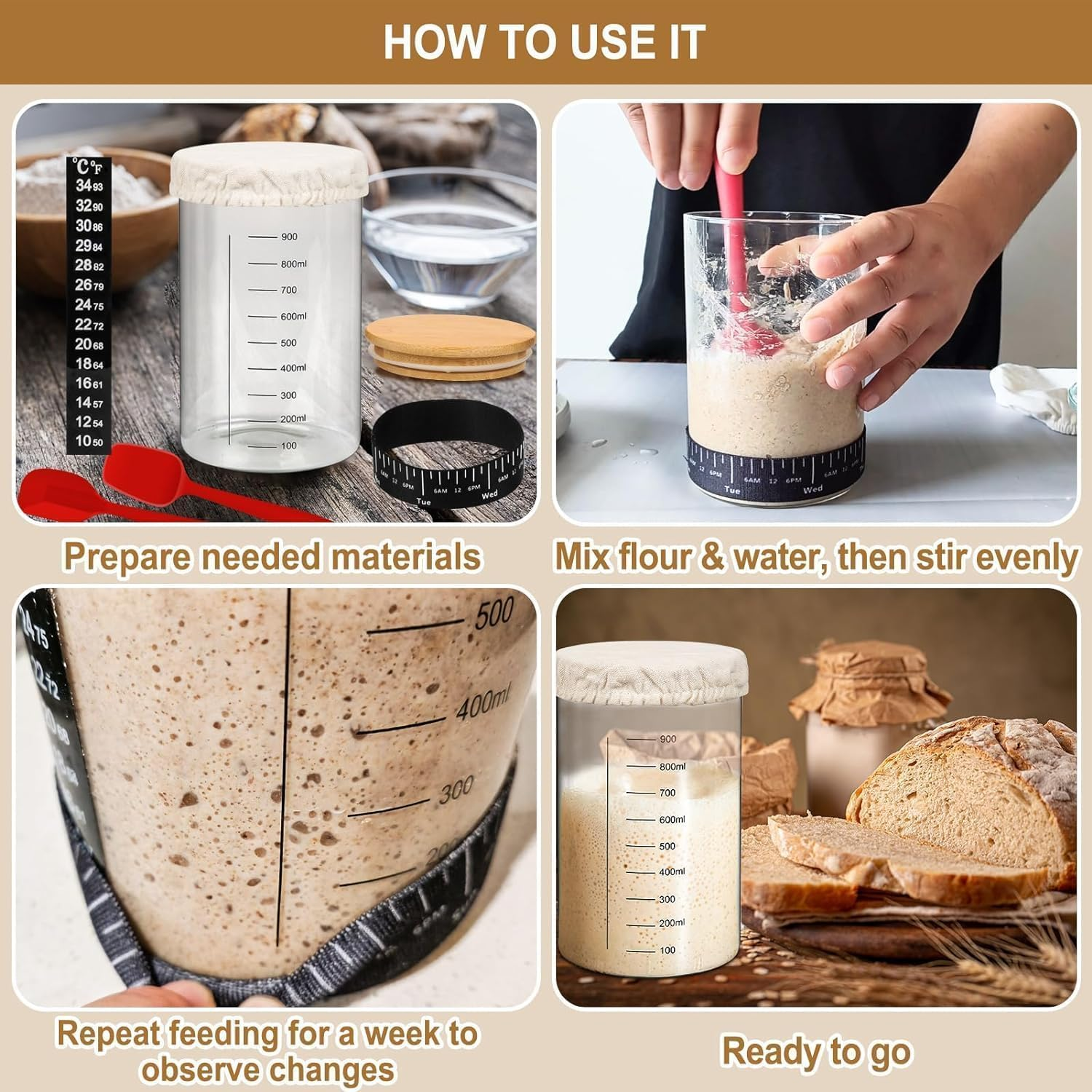 Complete Sourdough Bread Baking Supplies, Sourdough Starter Kit, 35Oz Sourdough Starter Jar, 2 Bread Proofing Baskets, Thermometer, Feeding Time Tracker, Metal Scraper, Easy to Clean image number 4