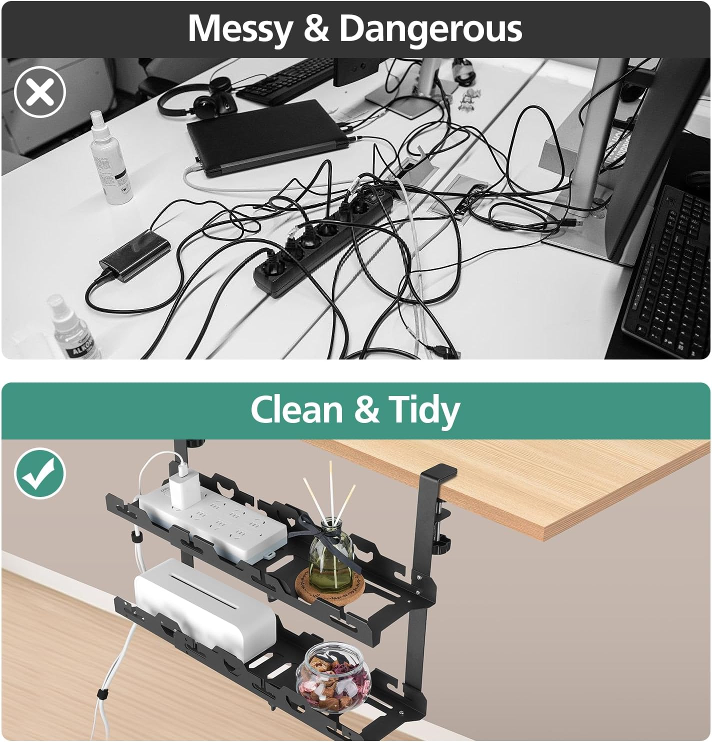 Under Double Desk Cable Management Tray,45-72Cm Adjustable Length Non-Drill Installation Cord Management for Home Office,Durable Carbon Steel Black image number 2