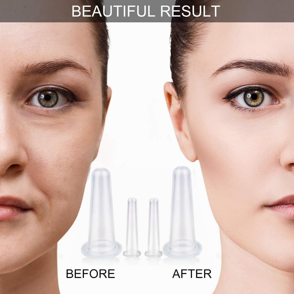 4 Pcs Silicone Facial Cupping Therapy Set Vacuum Massage Cup Kit Body Cupping Cup Set for Face Neck Back Eyes Massage Vacuum Cans Suction anti Cellulite Massager Health Care (White)