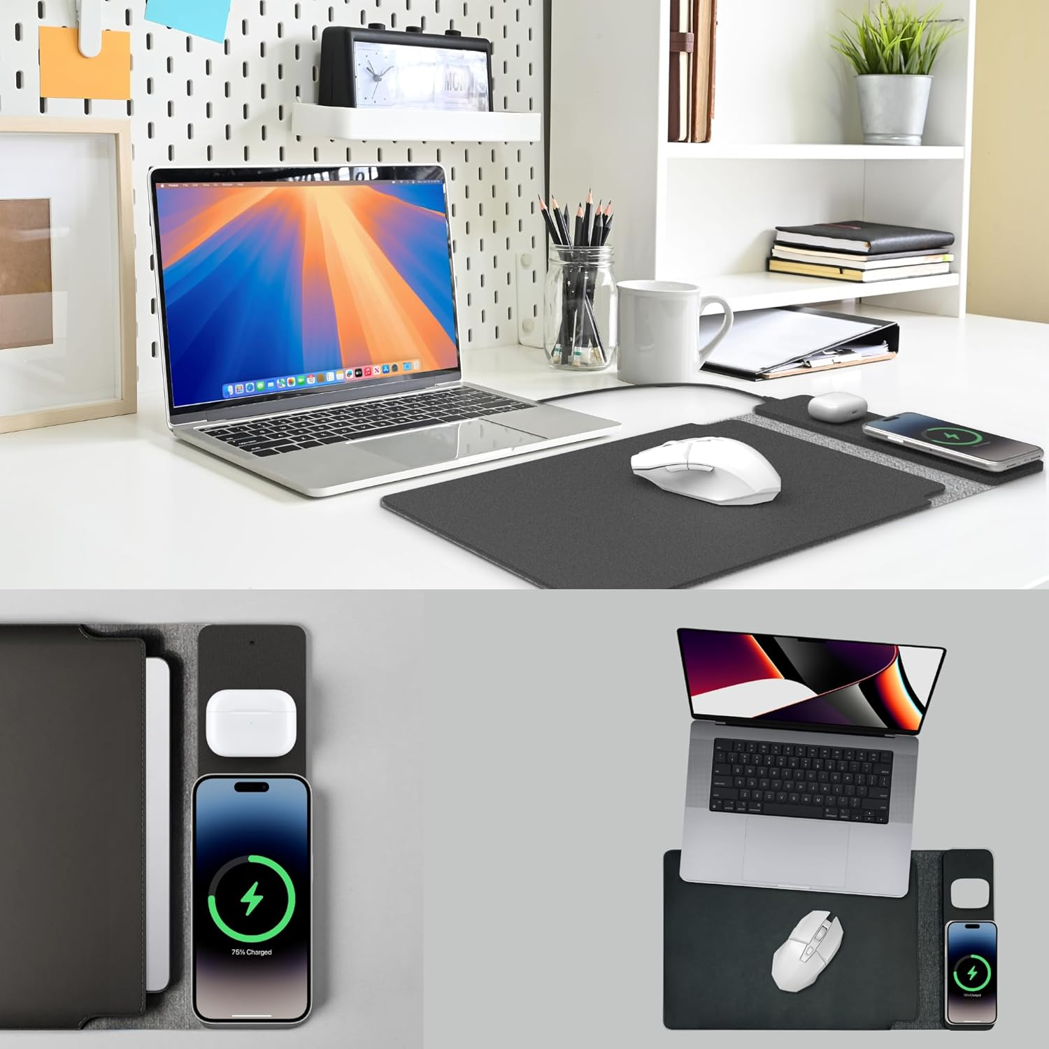 Laser 16" Wireless Charger Laptop Sleeve - Mouse Pad, PU Leather, Magsafe & Qi Compatible, 15W Fast Charge, Water Resistant, Travel Laptop Case - Fits Macbook, Chromebook, Kindle, Ipad Air/Pro (Black) - Black image number 3