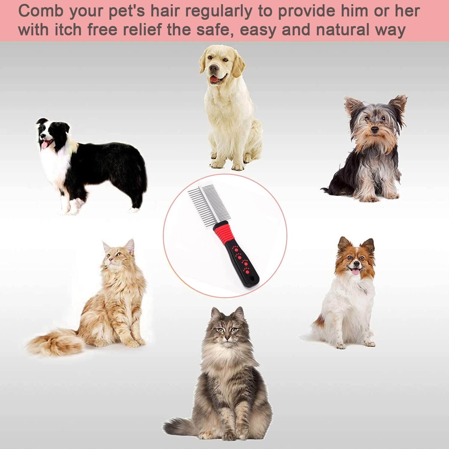 Dog Cat Comb, Dog Grooming Comb,Pet Cat Dog Grooming Brush Comb Trimmer Tool Double Sided Fur Rake Tool Pet Comb Stainless Steel round Wide Dense Teeth Metal Pet Combs image number 2