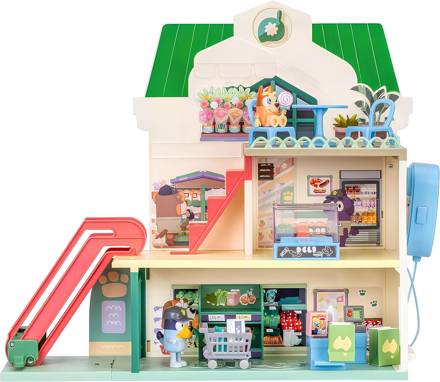 Bluey Supermarket Playset, 3 Different Levels with Exclusive Bluey and Bingo Figures. Includes Working Escalator, 24 Sounds and 15+ Play Pieces plus Fun Intercom, over 40Cm (15") Tall. image number 1