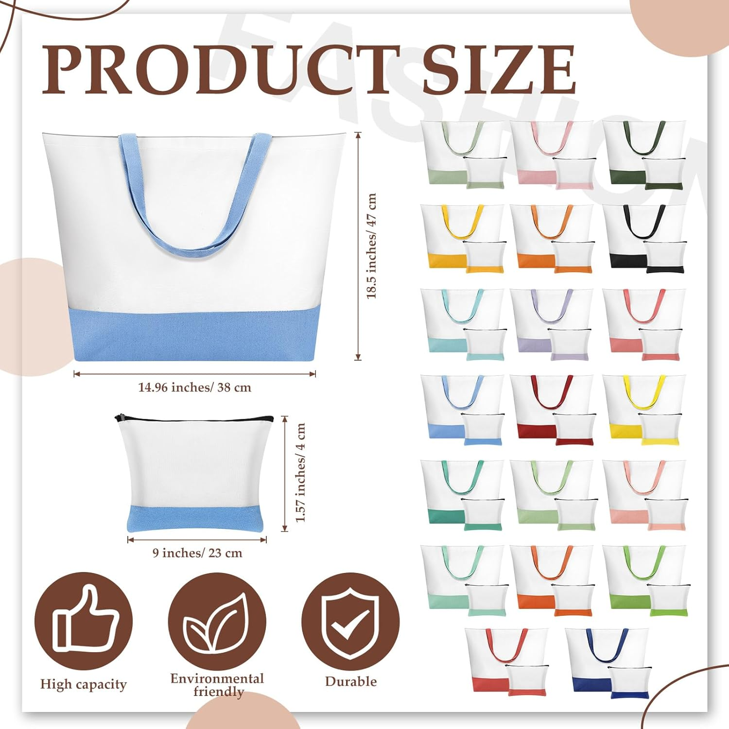 Sanwuta 40 Pcs Large Blank Canvas Tote Bags and Makeup Bags Blank Reusable Grocery Luggage Canvas Tote with Handles (Ultimate Color Bundle) image number 4