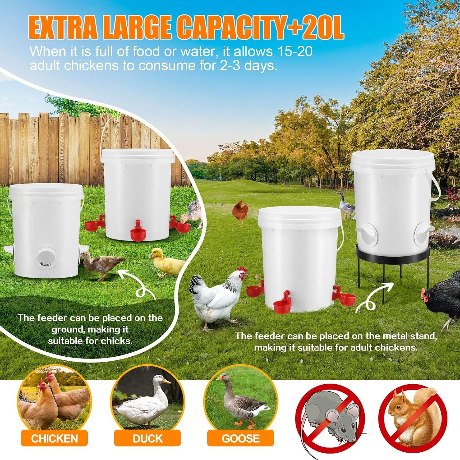 Pet Scene 20L Chicken Feeder Waterer Set, Raised Stand Auto Water Food Dispenser for Chook Hen Chick Poultry, with Drinker Cup, PVC Feeding Port image number 5