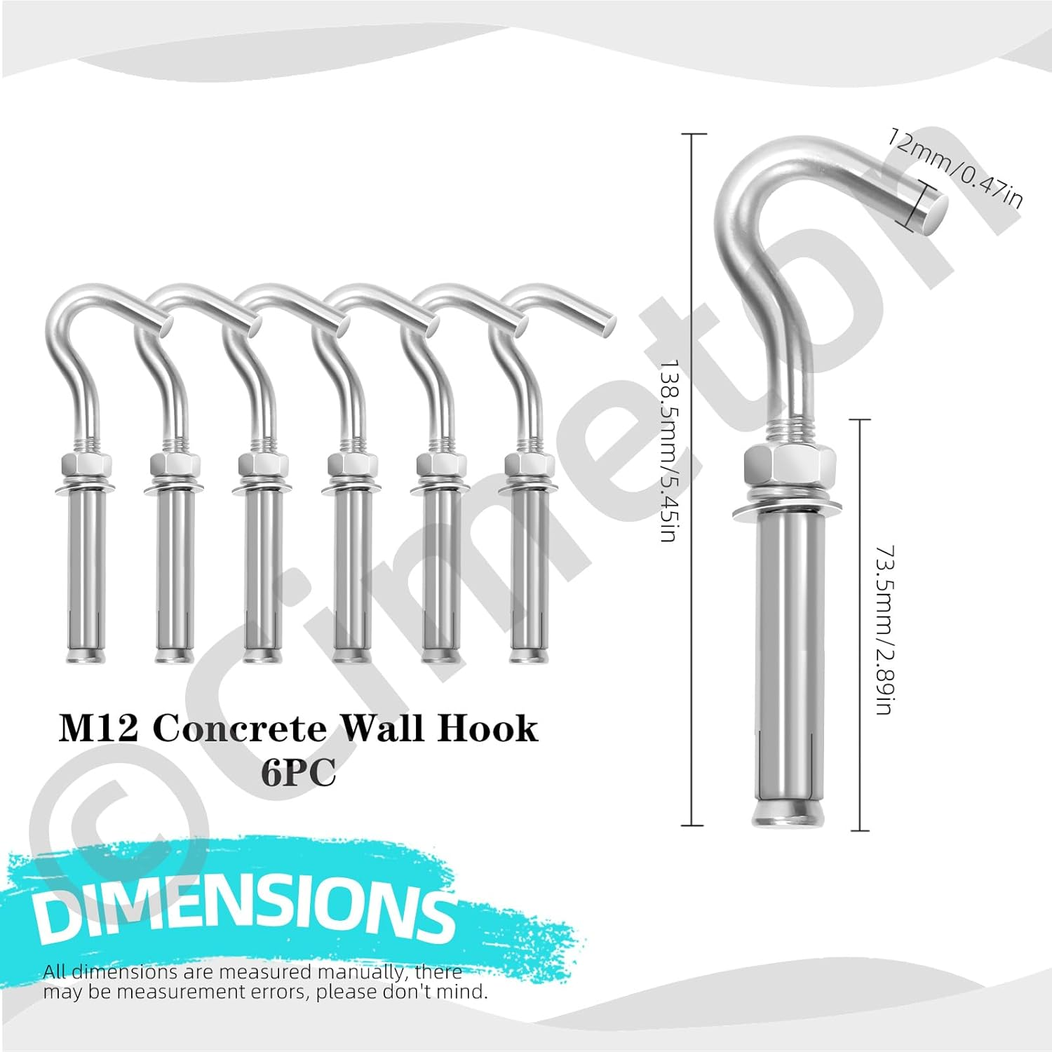 Cimeton 6Pcs M12 Concrete Wall Hook 304 Stainless Steel Expansion Hook Heavy Duty Hook Concrete Wall Hook Screw Open Cup Hook Heavy Duty Hooks Expansion Bolts image number 4