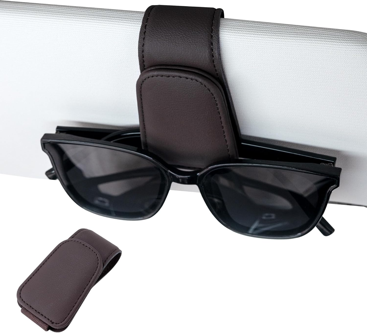 Sunglasses Holder for Car Sun Visor, Magnetic Leather Glasses Eyeglass Hanger Clip for Car, Universal Car Interior Visor Accessories for Woman Man, Brown image number 2