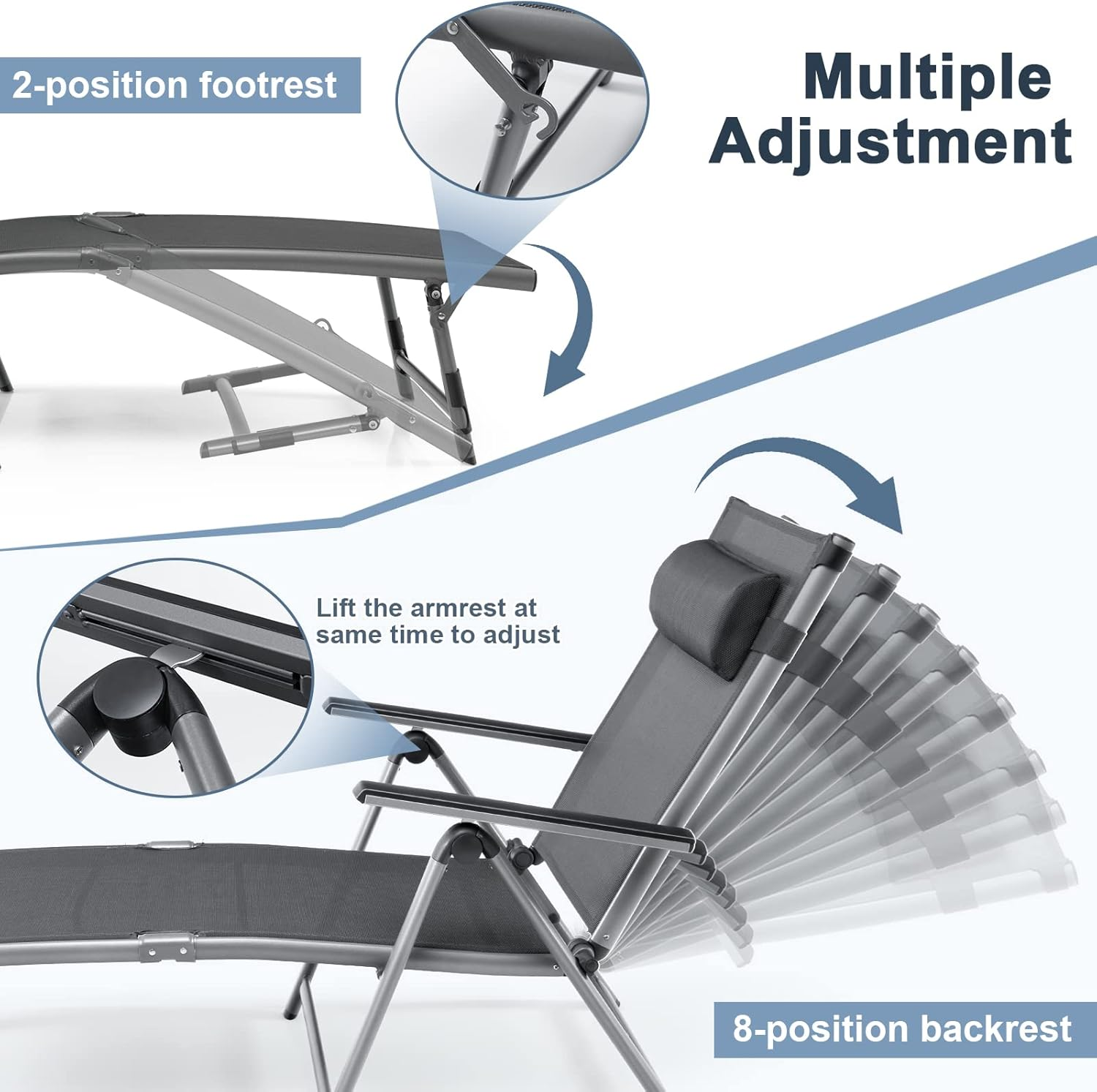 Costway Patio Lounge Chair, Rustproof Aluminum Chaise Lounge Chair with 8-Position Adjustable Backrest, 2-Postion Footrest, Comfortable Headrest, Outdoor Folding Reclining Chair for Outside image number 3