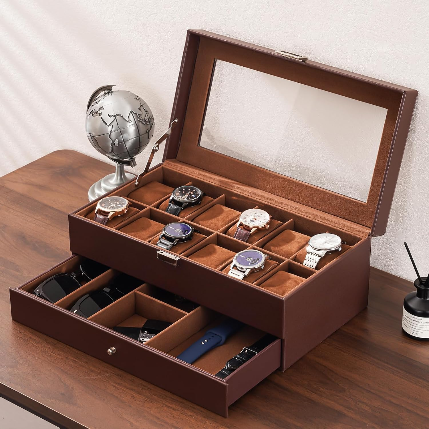 Procase Watch Box for Men, 12 Slot Mens Watch Case with Drawer, Watch Display Case with Glass Lid, 2-Layer Watch Holder Organizer, Jewelry and Watch Storage for Men Women -12Slot, Espresso image number 3