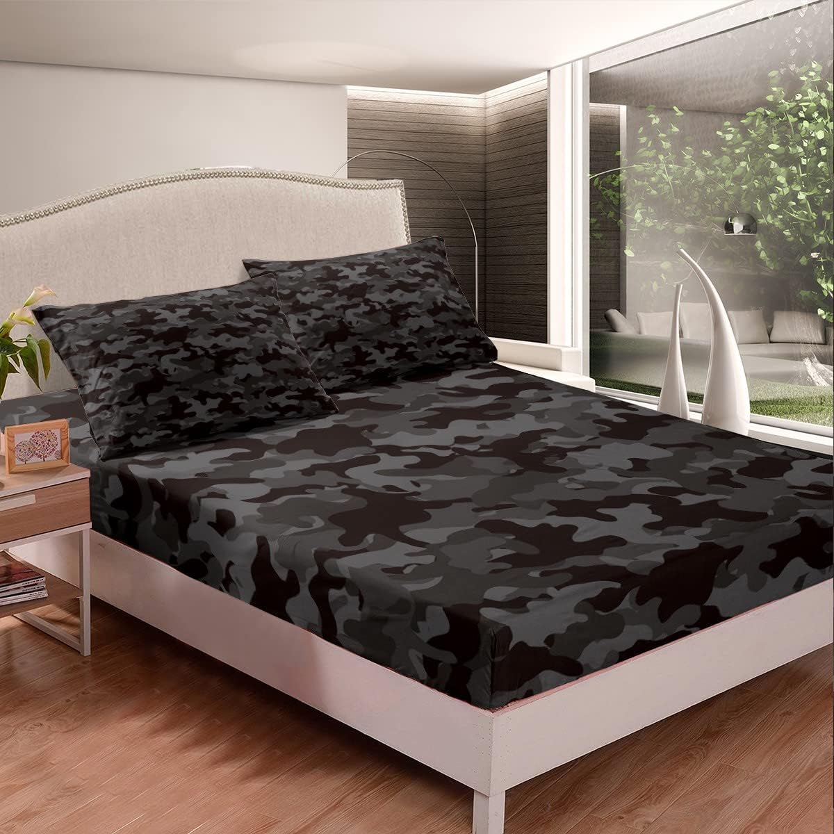 Army Camo Bedding Set, Black Camouflage Bed Sheets for Kids Boys Teens Adult Men, Military Camo Fitted Sheet Black Grey Lightweight Fitted Bed Sheets, 1 Fitted Sheet + 2 Pillow Cases, Full Size&hellip;