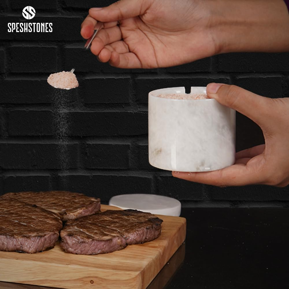 SPESHSTONES Marble Salt Cellar with Lid and Spoon 3'' Inches White Salt Container Handmade Spice Seasoning Containers for Kitchen Storage Accessories - Salt Box & Ideal Sugar Bowl, Flaky Salt Cellar - Oceanic image number 3