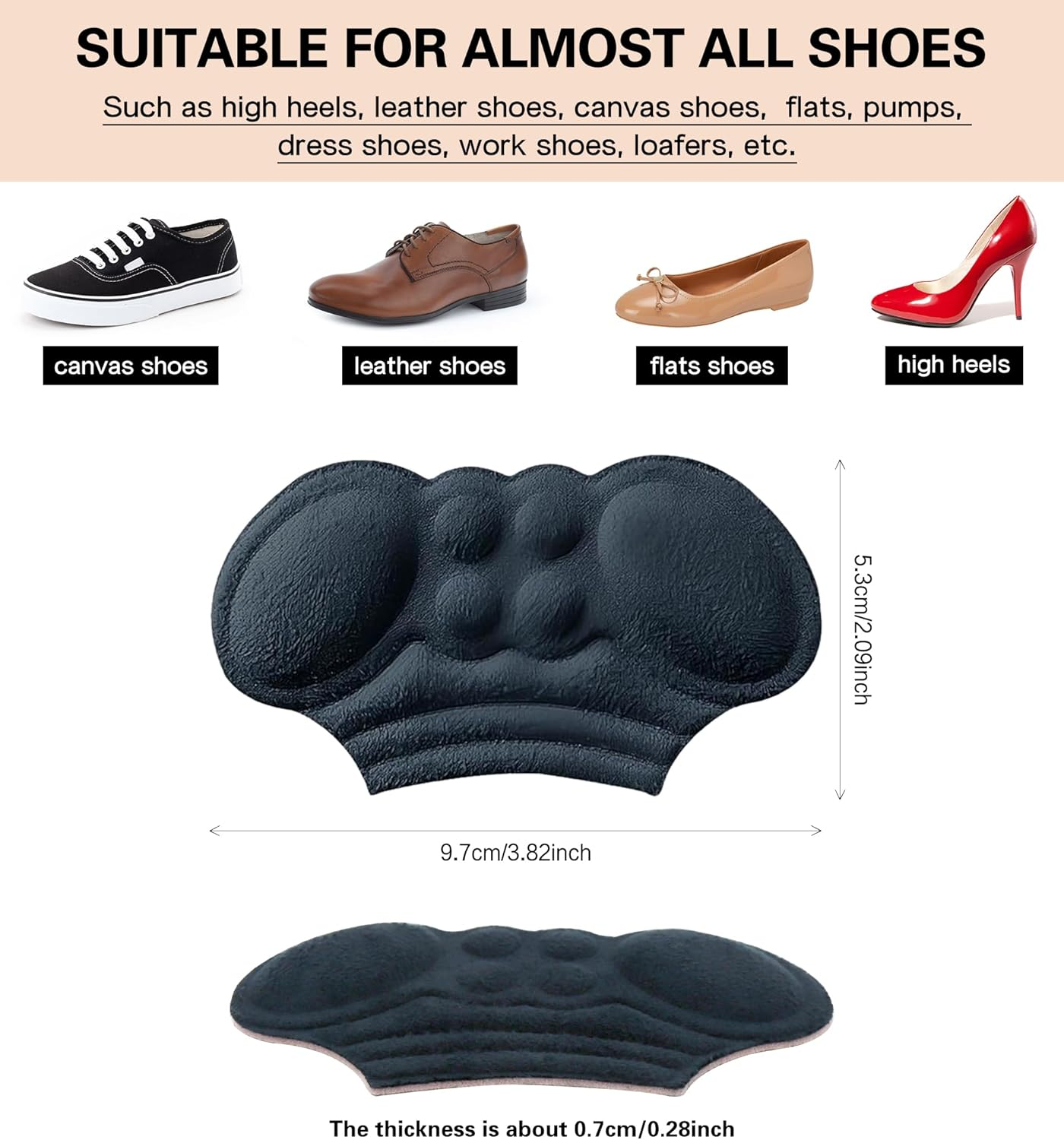 YBVABE Heel Grips for Shoes Too Big - 6 Pieces Heel Cushion Inserts for Loose Shoes, 5D Heel Pads/Protectors/Shoe Filler for Tighter Fit for Men and Women image number 6