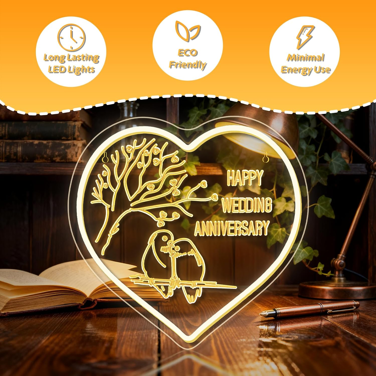 SIGNSHIP Happy Wedding Anniversary Neon Sign Wedding Anniversary LED Sign Dimmable Love Bird LED Lettering Heart Shape Light Signs Decor for Anniversary, Party, Candle Light Dinner, Photo Requist - Happy Wedding Anniversary image number 2
