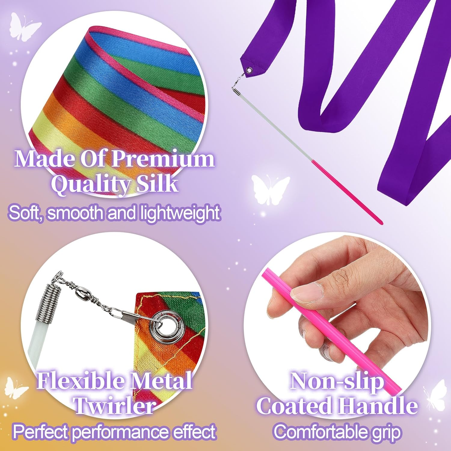 PAMASE 16 Packs Kids Dancing Gymnastics Ribbon Wands, 6'6" Rhythmic Artistic Twirling Ribbons with Non-Slip Handle image number 5