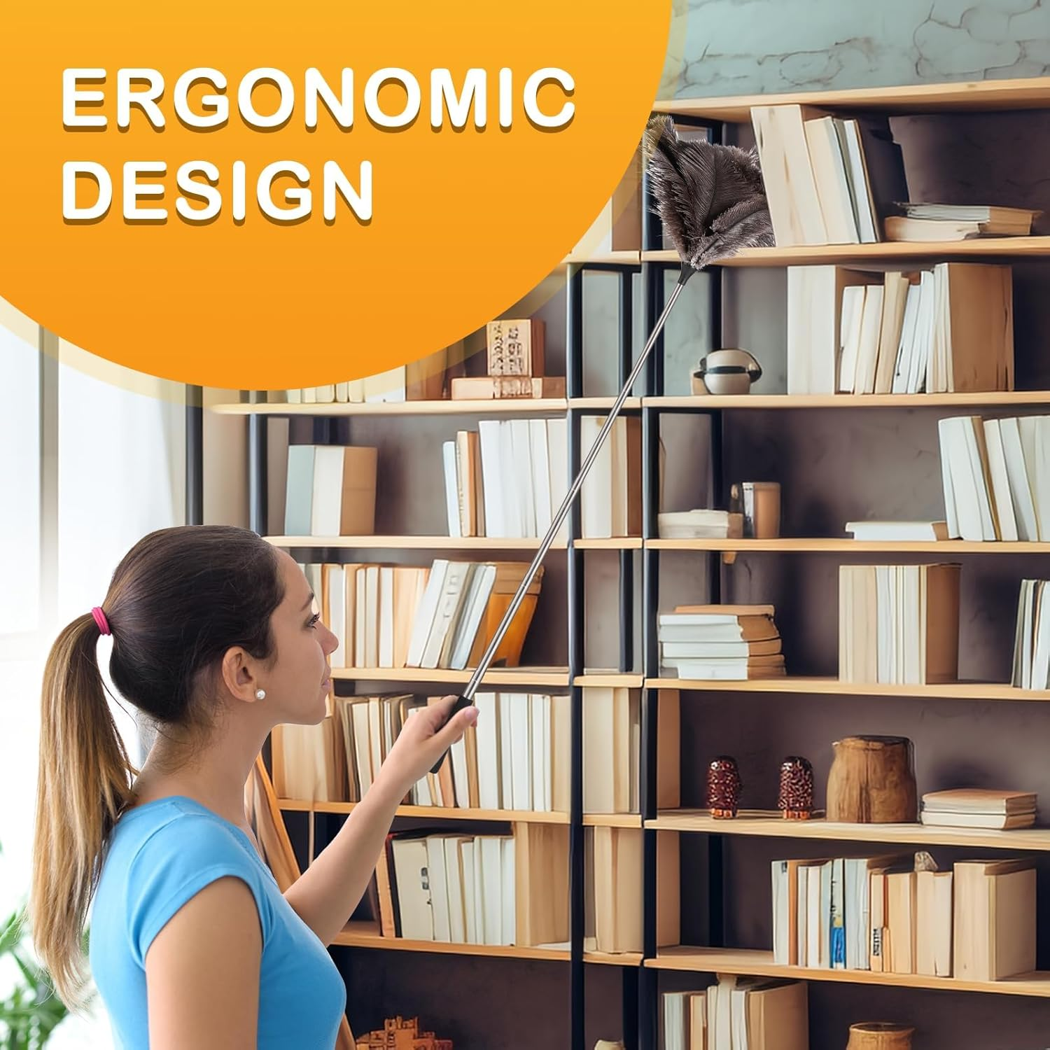 Ostrich Feather Duster with Telescoping Handle &ndash; Reusable, Extendable Dusting Tool for Home Cleaning &ndash; Ideal for Ceiling Fans, Pendant Lights, Blinds, Furniture & Electronics (17&rdquo;-47&rdquo;) 1Pcs image number 3