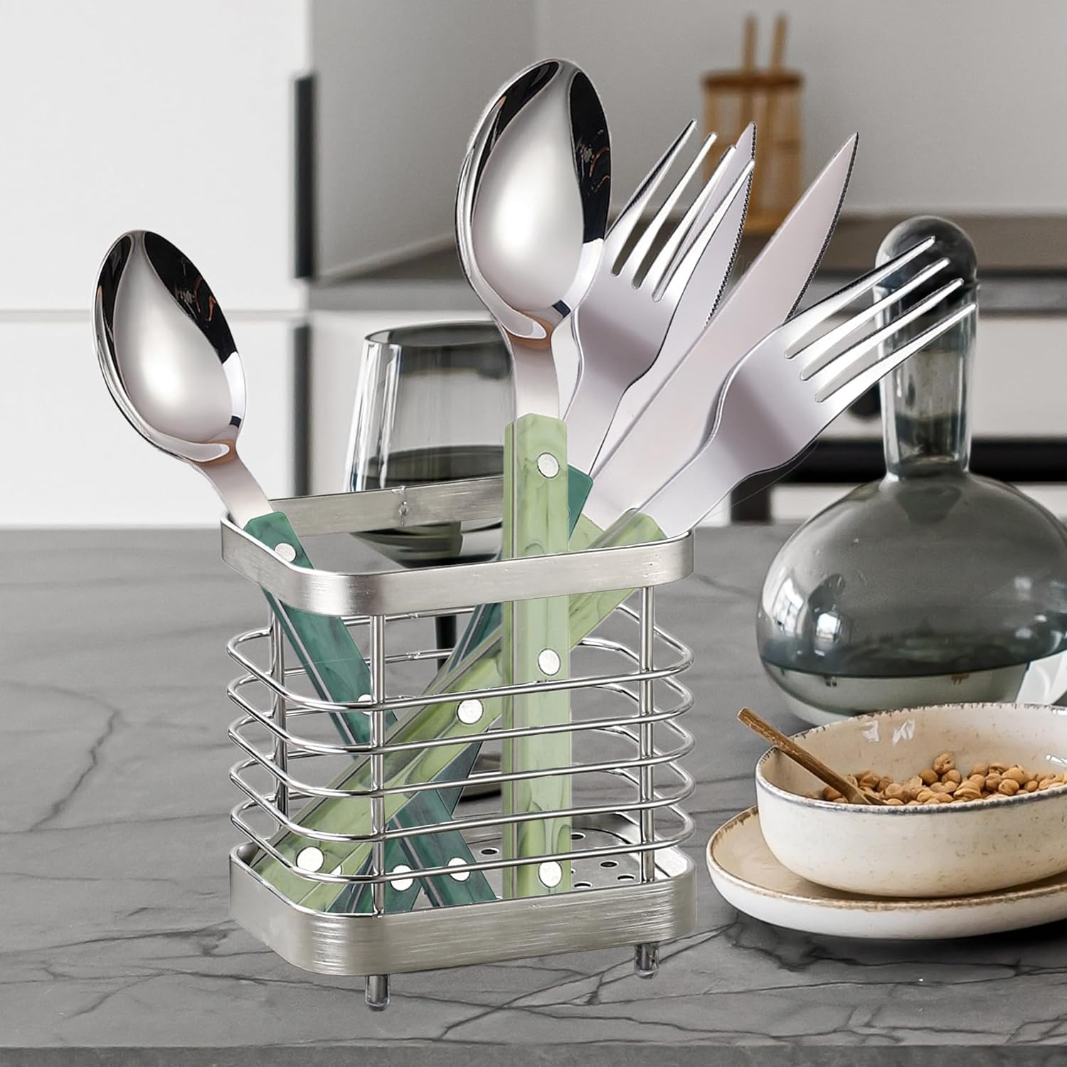 Utensil Holder Kitchen Countertop Organizer, Cutlery Drainer Sink Caddy Dish Drying Rack, Cabinet Silverware Storage Organiser, Stainless Steel, Silver(4 In) image number 4