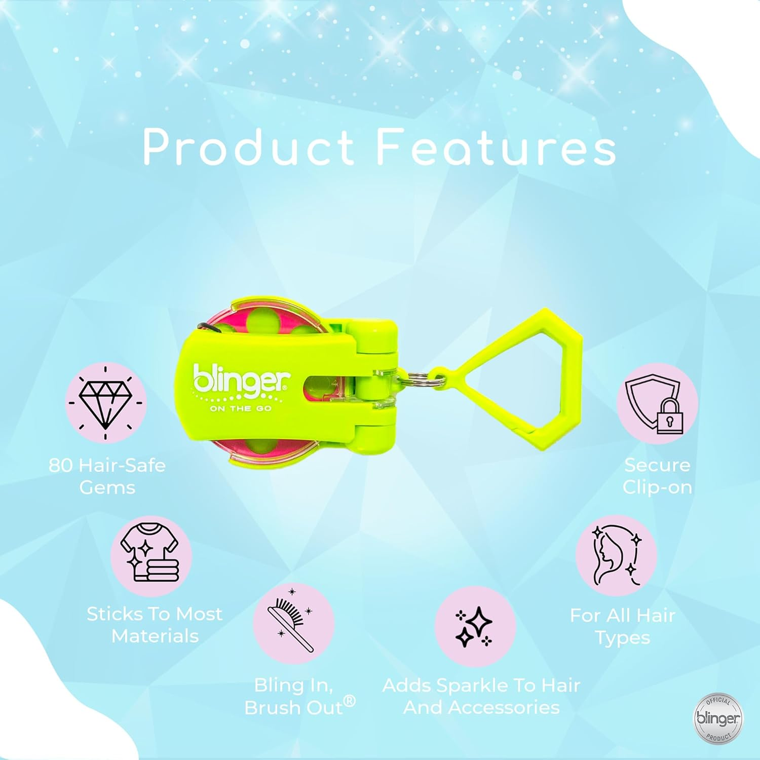 Blinger&reg; on the Go Mini Starter Kit &ndash; Bright (Lime Green) | 80 Rhinestones | Hair Styling Tool | Hair-Safe &ndash; Bling in Brush Out image number 1