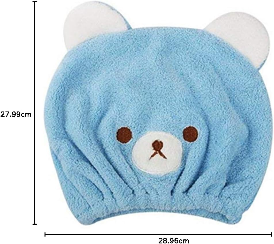 XINCHIA Kids Quick Dry Hair Towel Wrap Cap Cute Cartoon Bear Head Drying Wrap Hat Ultra Absorbent Turban Soft Velvet Bath Shower Sauna Head Towel Drying Cap Hat for Long Short Curly Straight Hair - Blue image number 2