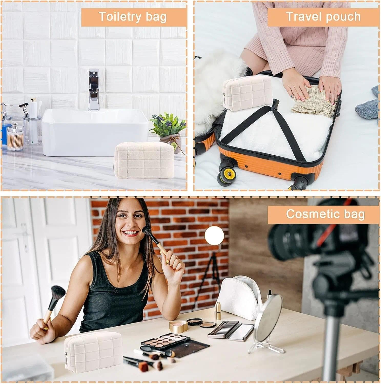 Travel Makeup Bag, Soft Velvet Cosmetic Pencil Case with Plaid Design for Women & Girls, Daily Use Toiletry Bag by Ermaoo image number 6