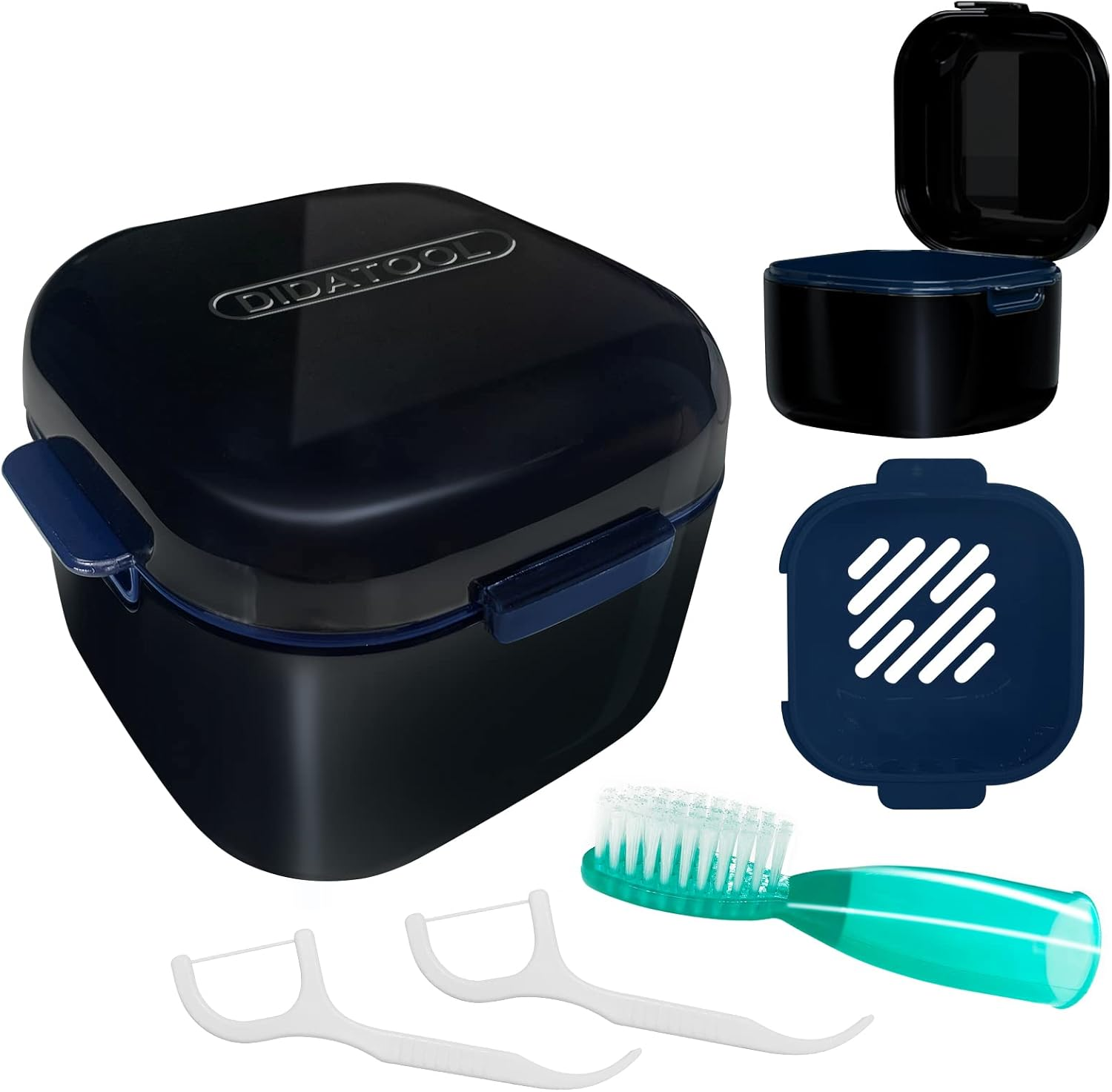 Retainer Case, Denture Bath, Denture Cups for Soaking Dentures, Denture Pots with Lid, Easy to Carry and Clean Denture Case with Removable Rinse Basket and Finger Toothbrush