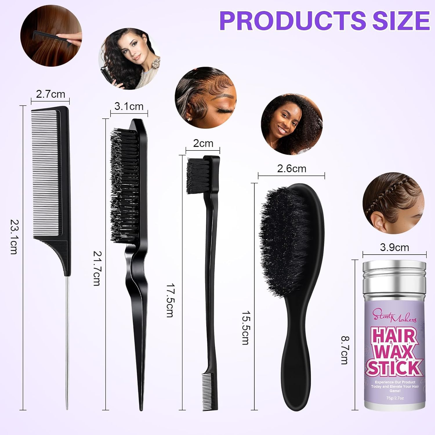 Start Makers Hair Wax Stick, Slick Back Hair Brush Kit, Hair Styling Stick for Flyaways, Edge Control Lasting Hold, Slick Back Brush for Smooth Edge, Tame Frizz Comb Style, Styling Set for Women Girls image number 1