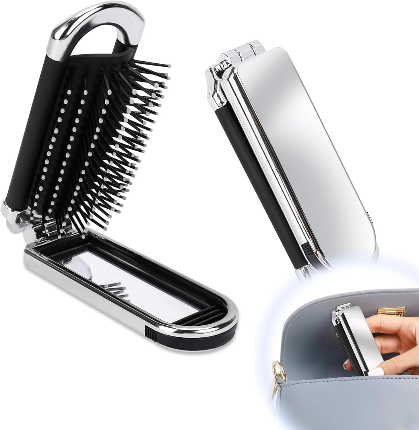Travel Hair Brush with Mirror, Folding Brush, Foldable Mini Hair Brush, Pocket Travel Brush, Folding Hair Massage Comb, Mini Hair Brush, Portable Silver Hair Styling Comb for Men, Girls, Women image number 1