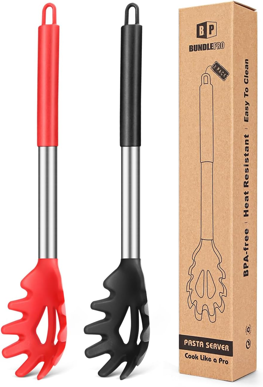 Silicone Pasta Fork and Ladle Spoon Set, Large Non Stick Kitchen Utensils for Cooking,Stirring,Serving Spaghetti, Soup, Sauce (GRAY)